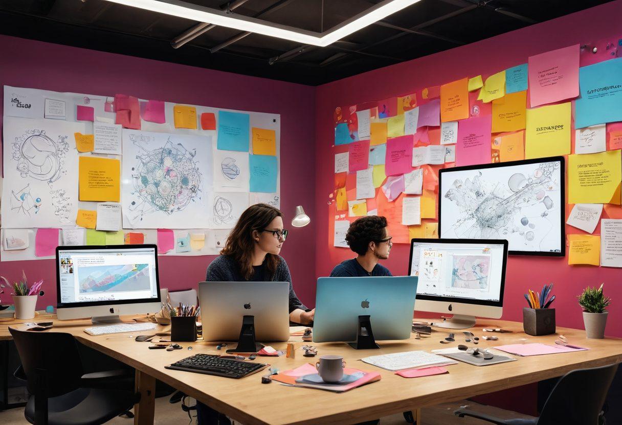 A dynamic workspace scene showcasing a designer interacting with the Bubble.io platform on multiple screens, with colorful visual designs and prototypes blooming into existence around them. Incorporate elements like sticky notes, sketches, and digital tools scattered across the desk for a creative vibe. The background features abstract shapes and bubbles to symbolize innovation and creativity. super-realistic. vibrant colors. 3D.