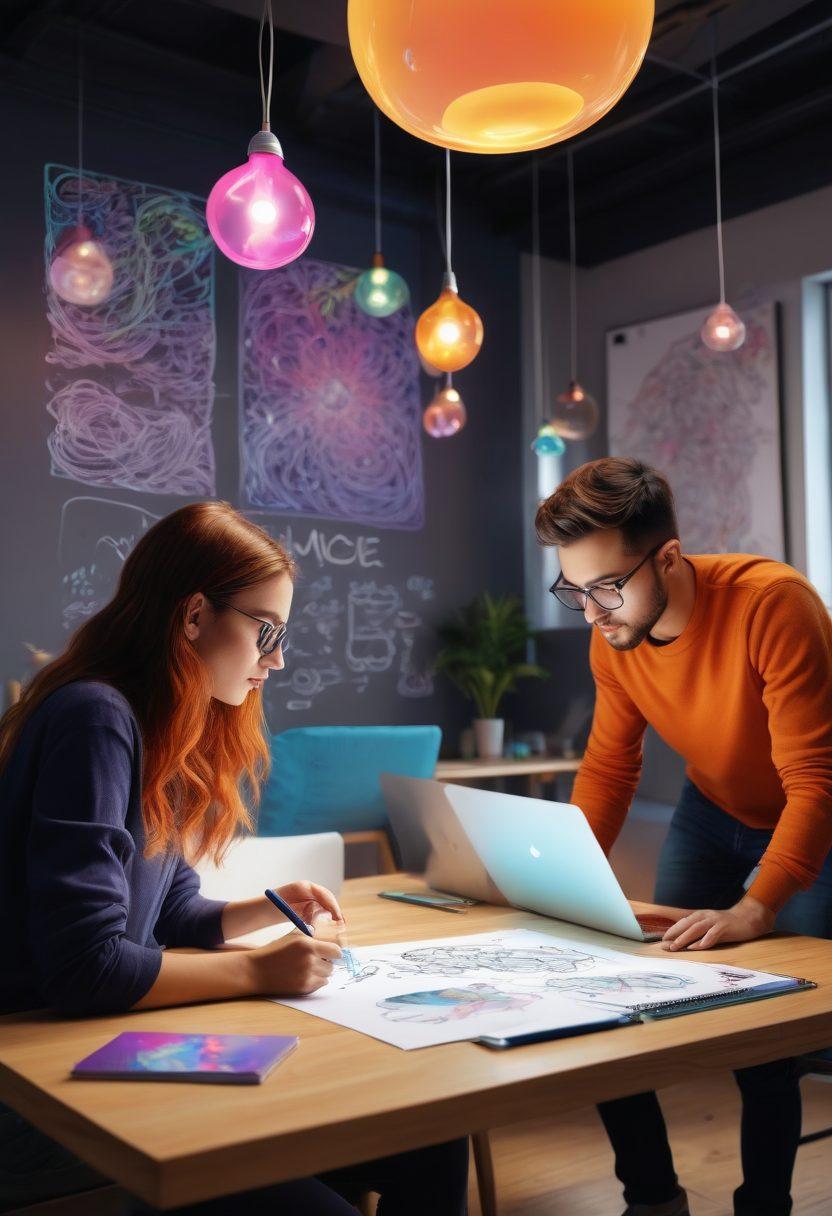 A vibrant and modern workspace filled with colorful sketches and digital mockups representing app designs, showcasing diverse people collaborating over a laptop displaying the Bubble.io platform. Include light bulbs symbolizing creativity and innovation, with abstract patterns swirling around to convey movement and ideas flowing freely. The workspace should have a futuristic touch with bright, energetic colors. super-realistic. vibrant colors. 3D.